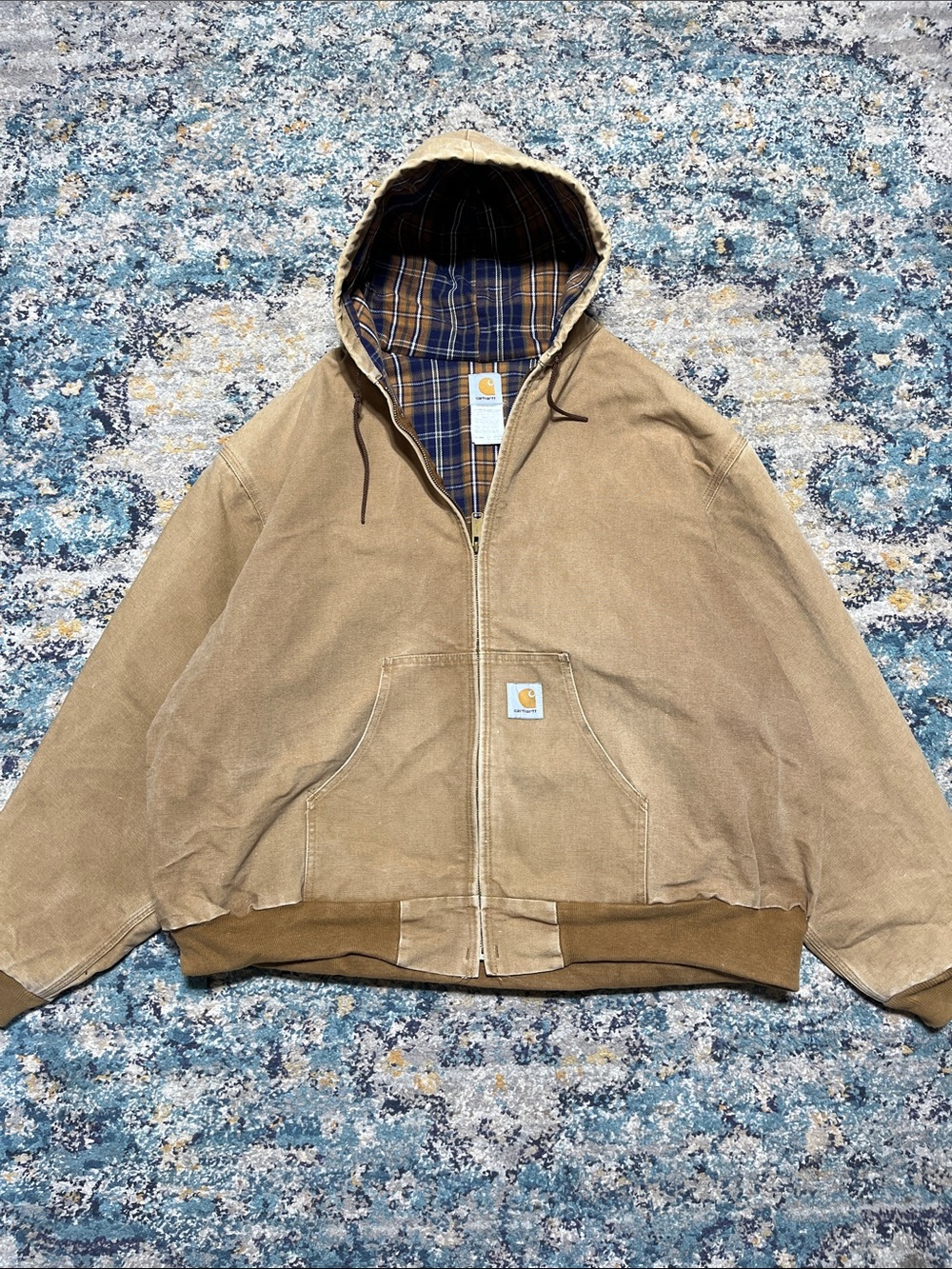VTG Carhartt Tan Hooded Duck Jacket with Plaid Lining Size 4XL Regular